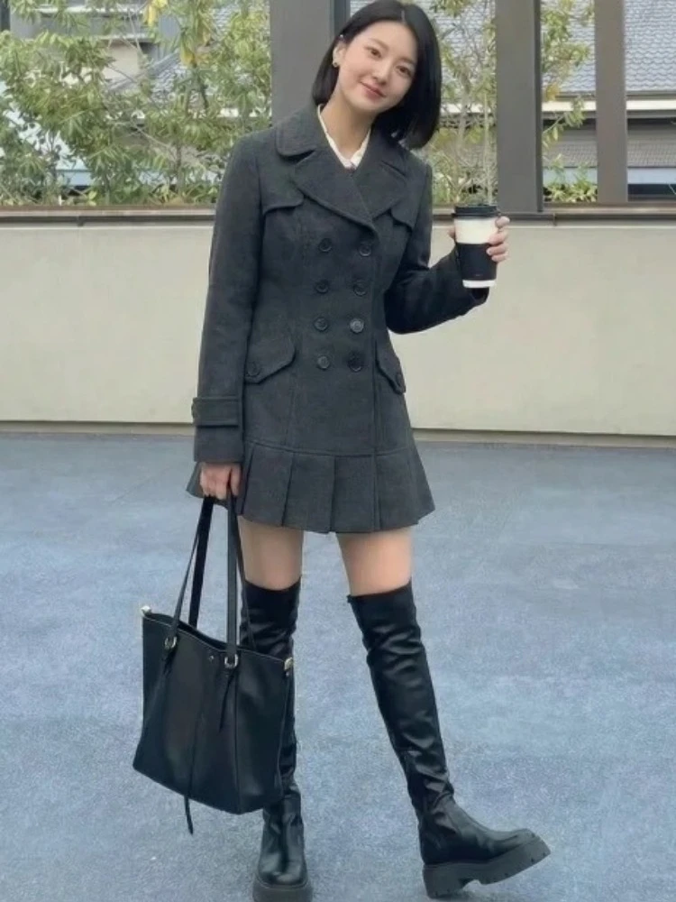 Winter Französisch Retro Elegante Wollmantel frauen Zweireiher Rüschen Hepburn Langarm Mantel Neue Grau Vintage Oberbekleidung