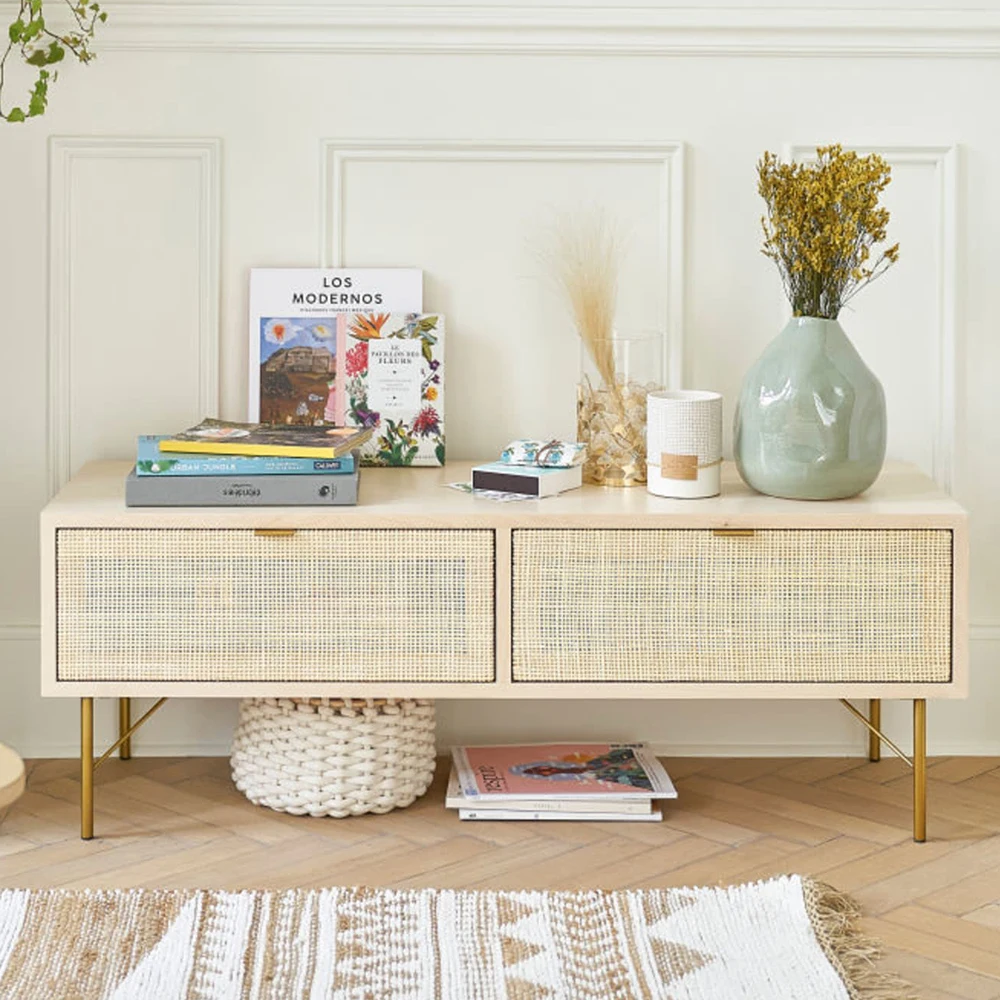 Modern Furniture Designer Wooden Kitchen Storage Cabinet Set Chest of Drawers with Rattan