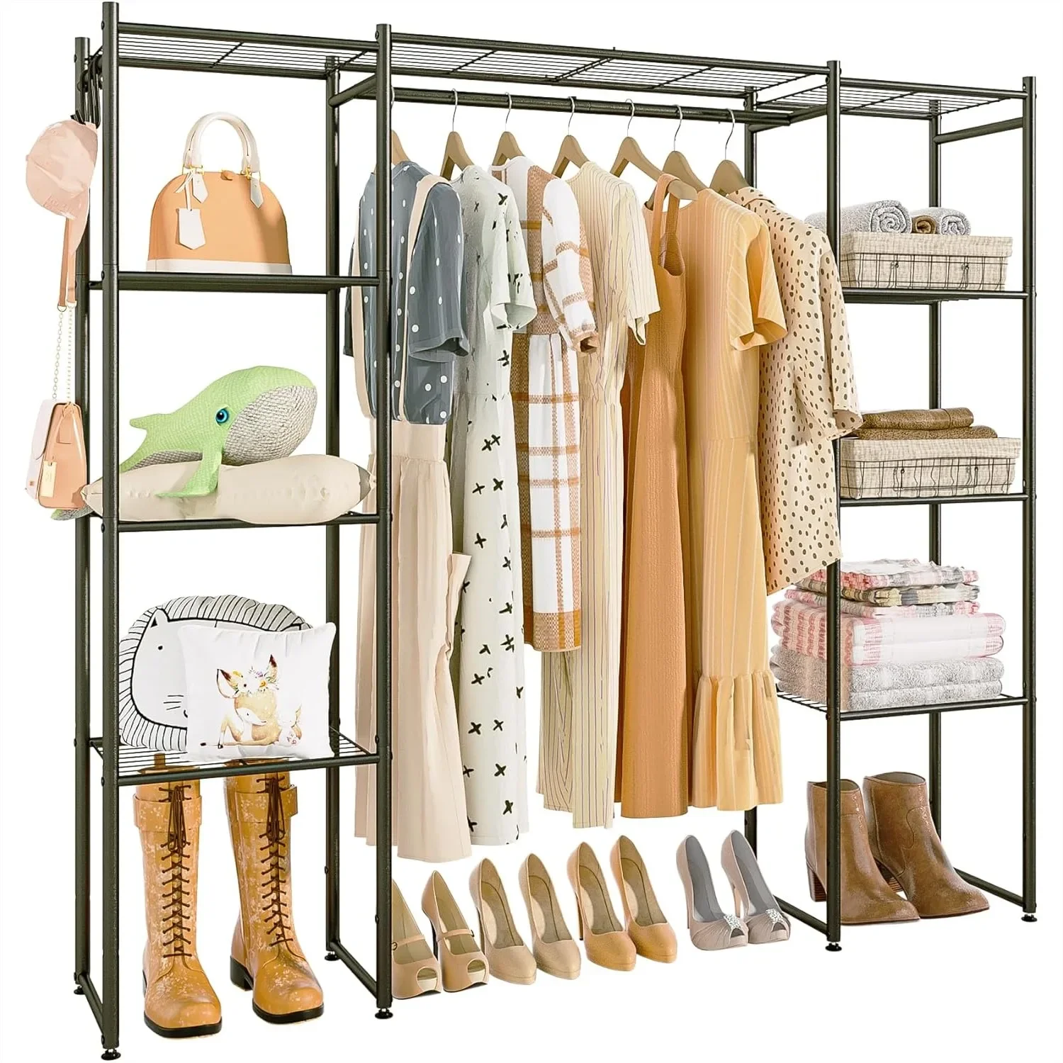 Portable Closet Wardrobe with 8 Shelves & Hanging Rod, Free Standing Clothes Rack for Bedroom and Laundry Room Storage, 63x63x12