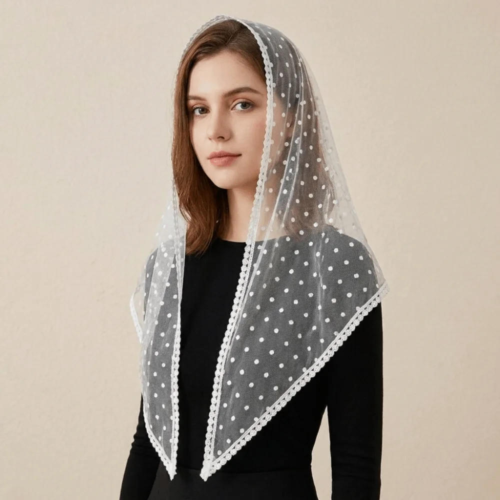 Solid Color White Bridal Triangle Veil Head Cover Black Tulle Mesh Scarf Headdress Head Gauze Polka Dot Triangle Shawl
