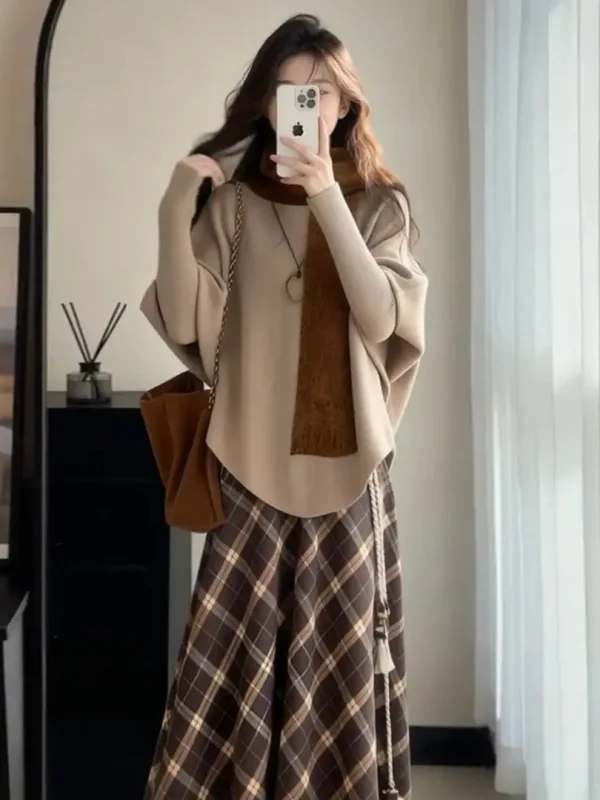 Conjunto de suéter de punto a cuadros Retro para mujer Otoño Invierno Batwing Sve falda acampanada ajustada de cintura alta conjunto de dos piezas