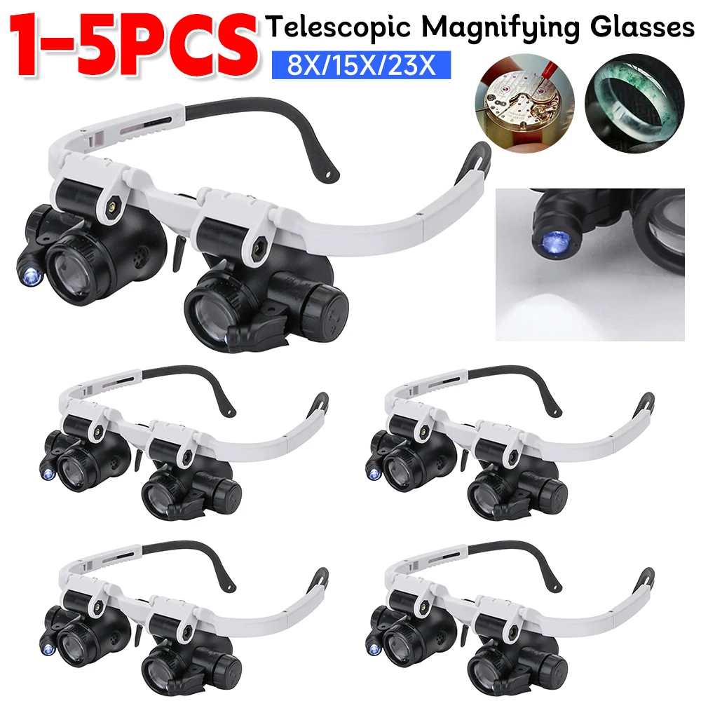 1-5pcs Magnifying Glass with 2 Led Light 8X/15X/23X Telescopic Magnifier Loupes Glasses for Electronic Welding Watch Repair Tool