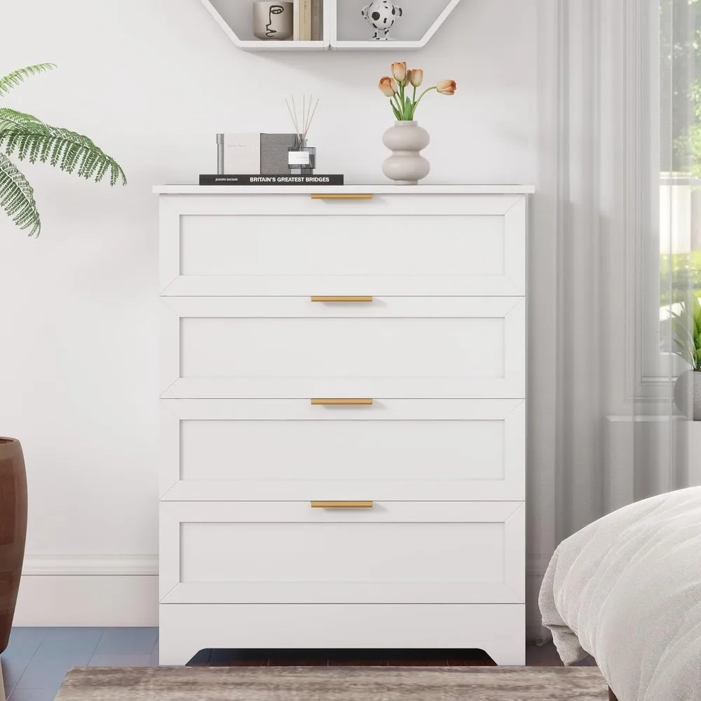 Elegant Tall Wooden Dresser with Four Large Drawers and Golden Hardware for Bedroom Storage