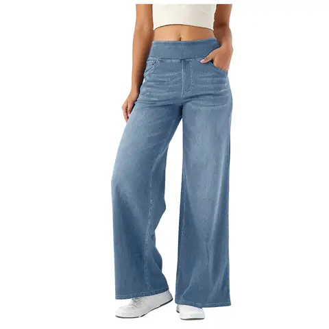 Baggy Ladies Wide Leg Trousers With Elastic Waistband High Waist Stretch Vertical Tube Trousers Stylish Womens' Casual Pants