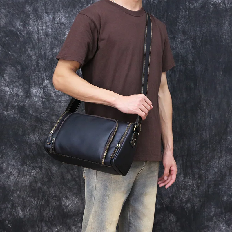 Bolso cruzado de piel de vaca de primera capa, bolso Horizontal para hombre, bolso de hombro Retro, bolso de mensajero informal con personalidad a