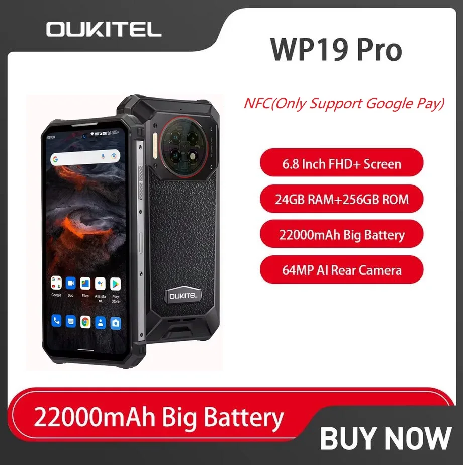 Oukitel WP19 프로 견고한 스마트폰, 안드로이드 13,22000mAh, 24GB, 256GB 휴대폰, 64MP 카메라, 120Hz, 6.8 인치 FHD + 휴대폰 NFC