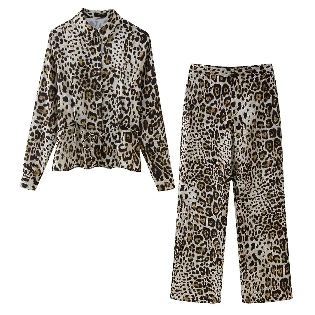 Completo da donna in 2 pezzi 2024 camicia a maniche lunghe con stampa animalier di nuova moda camicetta retrò + tuta con pantaloni dritti in vita elastica stampata