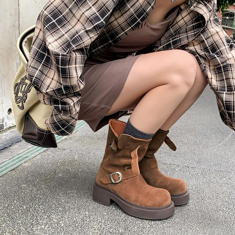 

Cow Suede Platform Women's Ankle Boots Belt Buckle Thick Heels Woman Motorcycle Boots 2024 Autumn Winter New Female Short Boots