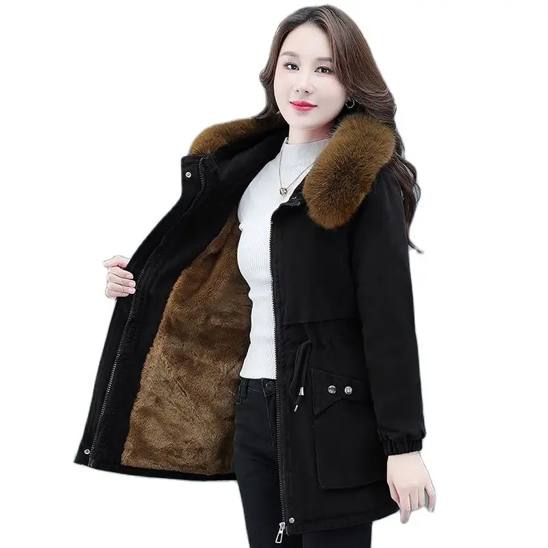 

Parker's Long Cotton-padded Winter New Women's Loose Fleece Cotton-padded Lambswool Fashion Hooded Thick Coat Tide