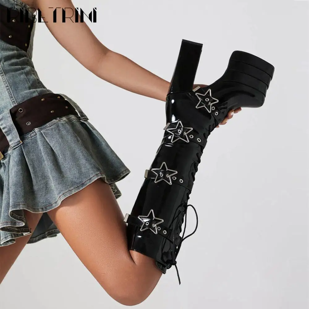 High Heeled Women Motorcycle Boots Knee High Lace Up Star Buckle Sassy Platform Shoes Punk Gothic Cool Fashion Y2K Cosplay Boots