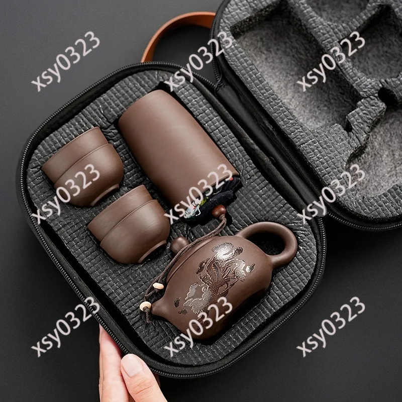 Portable Purple Clay Travel Tea Set One Pot Four Cups Outdoor Kung Fu Teaware Mini Gift With Storage Bag