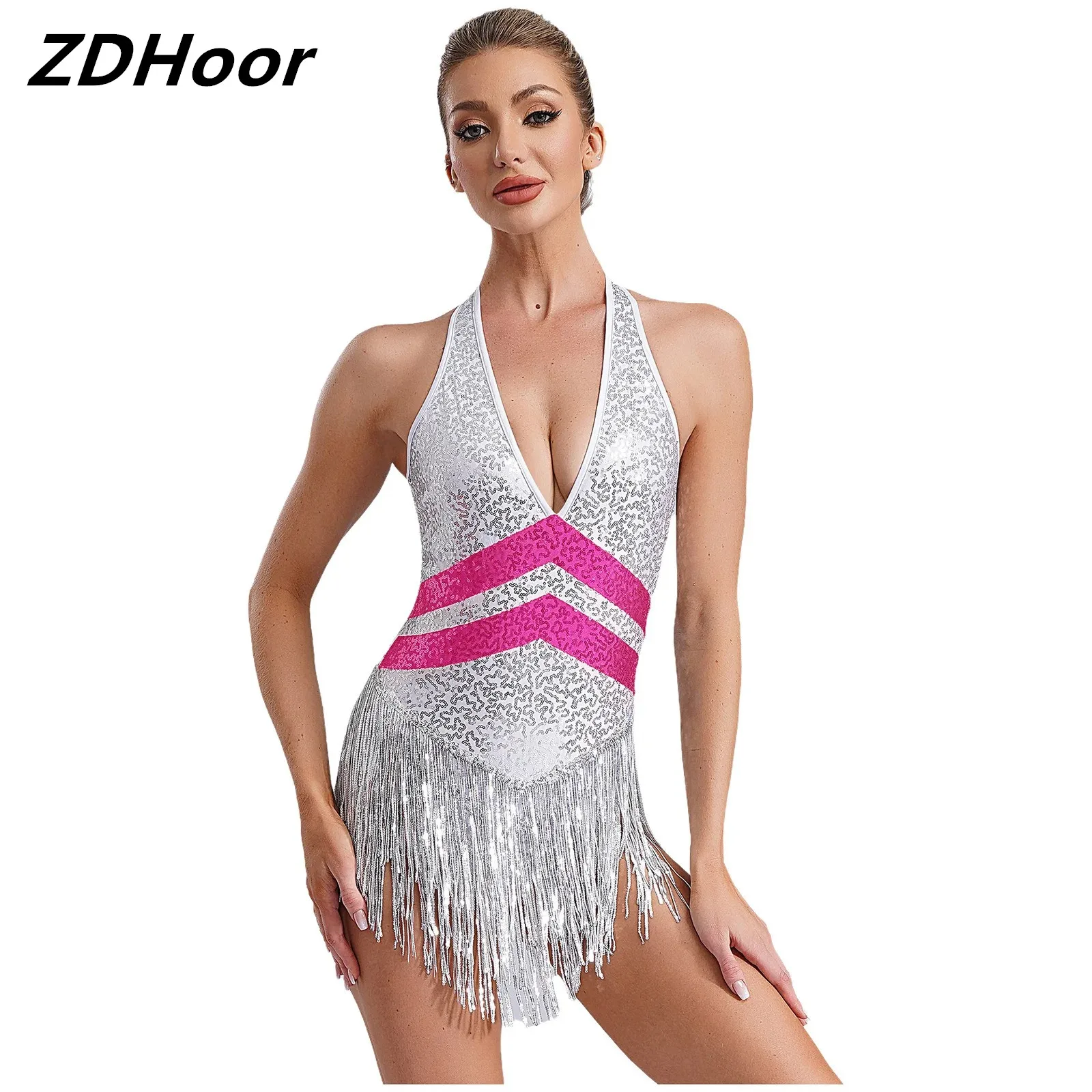 

Women Sequins Jazz Leotard Deep V Neck Sleeveless Open Back Sparkle Sequins Tassels Bodysuit Dance Performance Costume