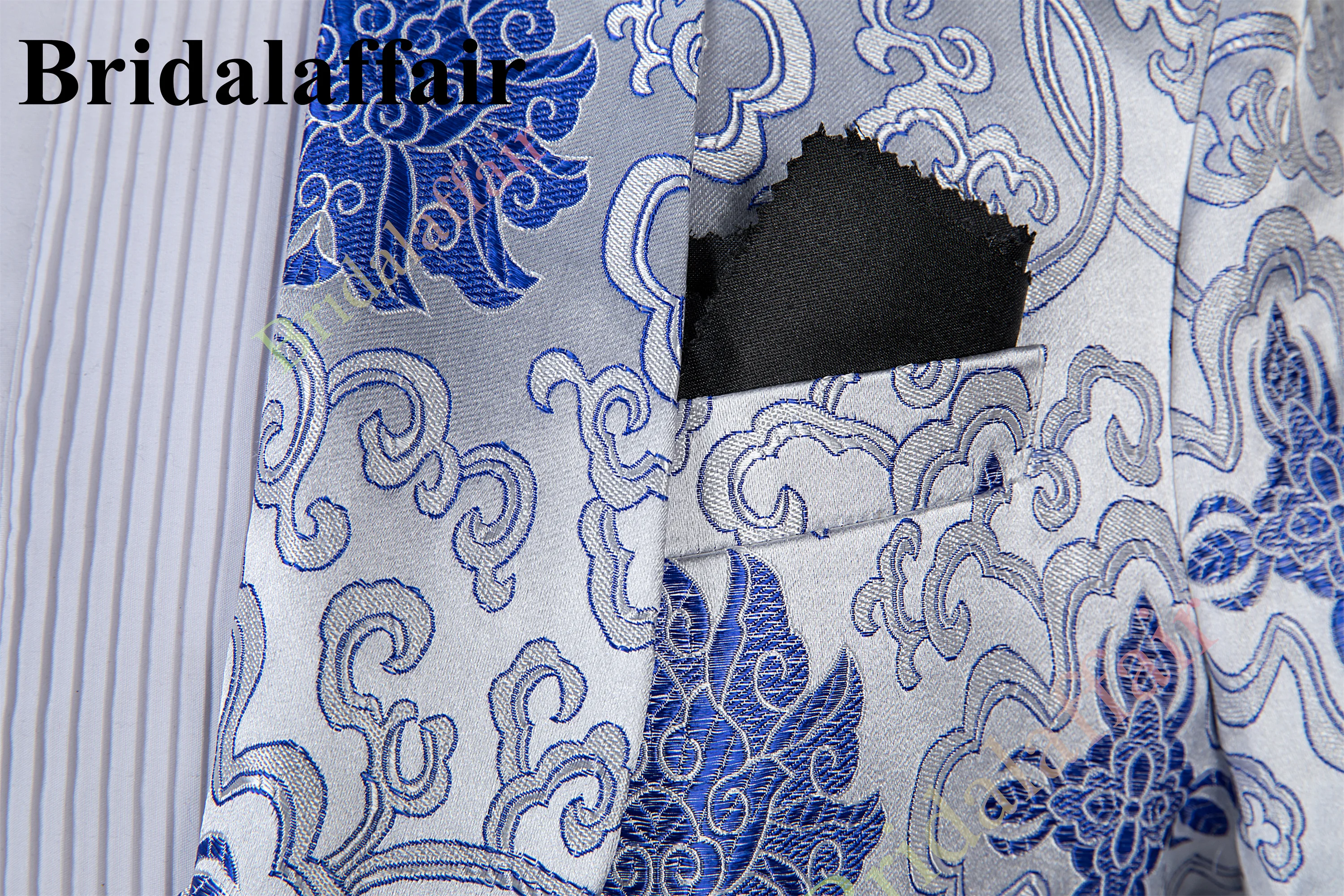 Bridaldiary-terno prata para homens, terno de 3 partes, slim fit, estampado floral azul, para casamento, jaqueta blazer, colete, calças, traje