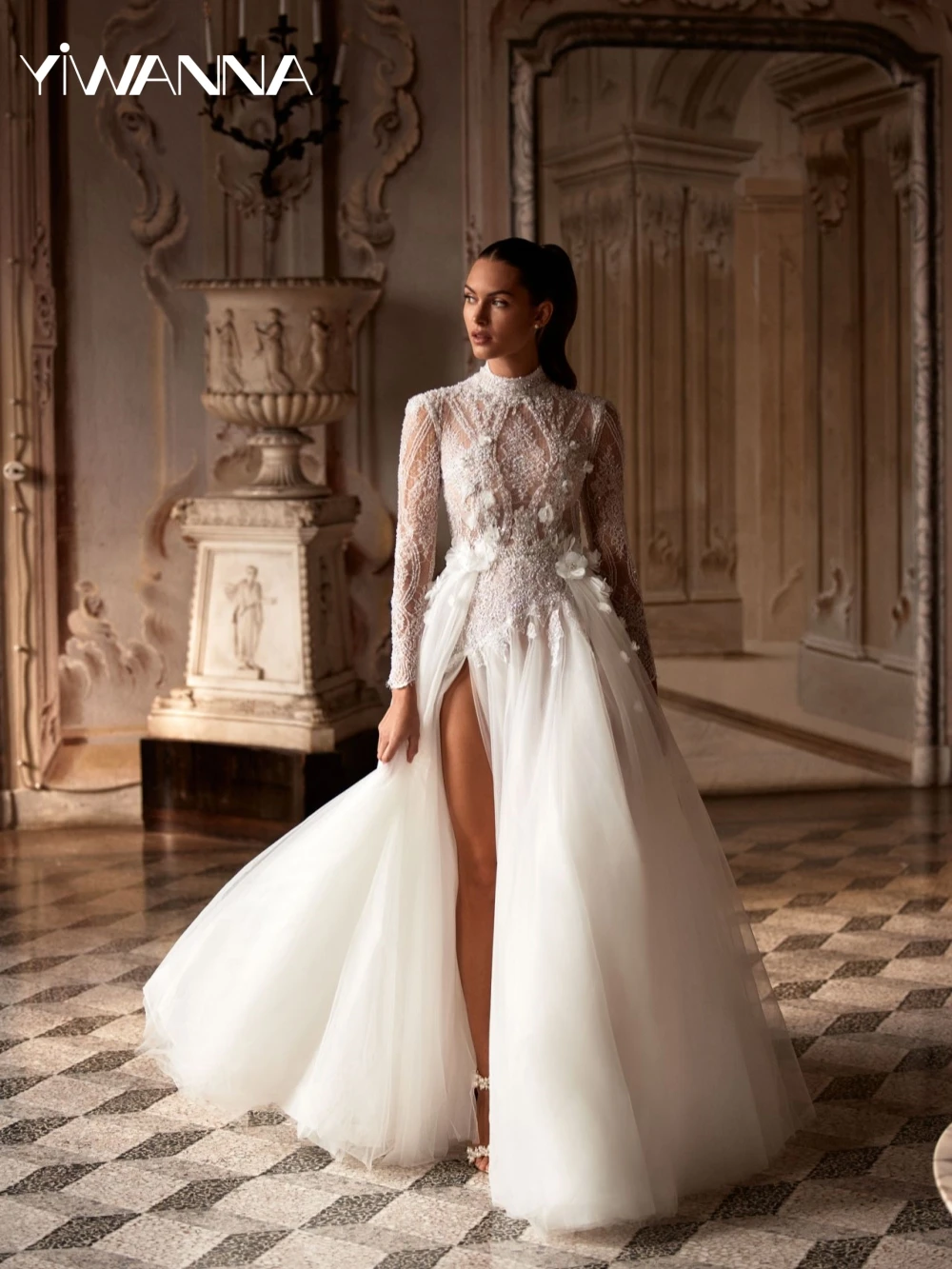 Elegant 3D Flower Long Bride Robe Sexy High Slit Bridal Gown 2026 Shiny Sequins Beads Wedding Dresses Customized Robe De Mariée
