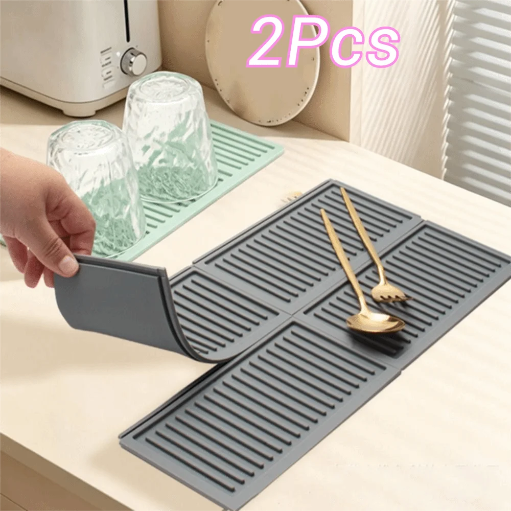 2 Piece Practical Silicone Counter Top Drying Mat Non-Slip Strip Groove Insulated Mat Splicing Heat-resistant Place Mat Kitchen