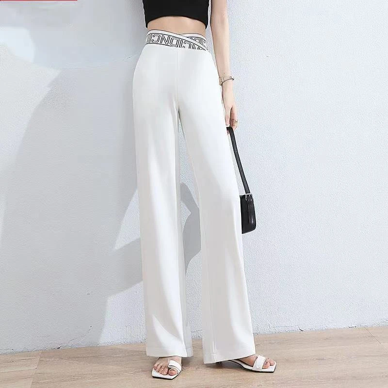 Women\'s Korean Fashion White Ice Silk Drapped Wide Leg Pants Summer Chic Elastic High Waist Straight Trousers Elegant Pantalones