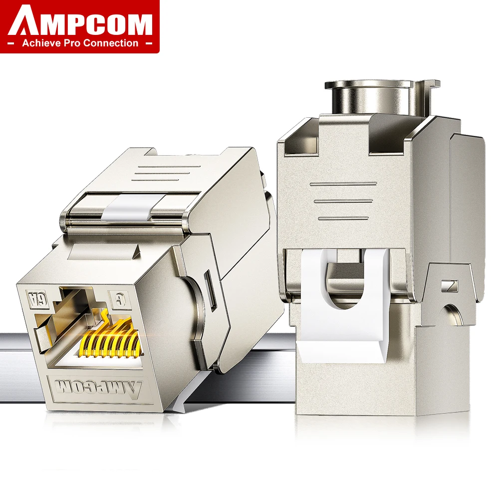 AMPCOM Pro RJ45 STP Zinc Alloy Keystone Jack Punch Down Free Cat7/6A/6, 50U Extra-Thick Gold Plated Network Module Connector