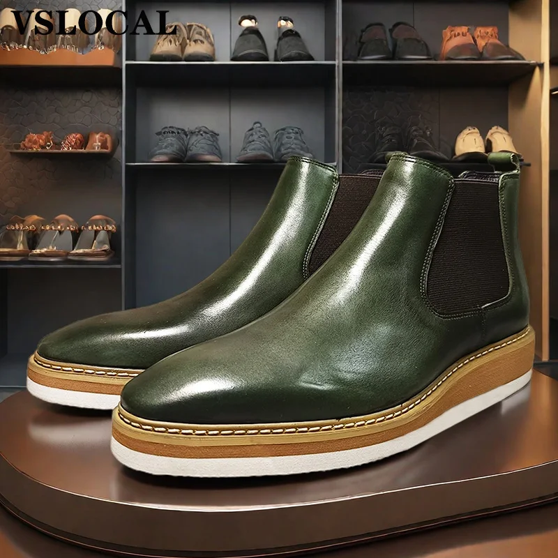 

Genuine Leather Men's Chelsea Boots Slip-on Elastic Band High Top Ankle Boots British Style Mens Casual Dress Boot Men