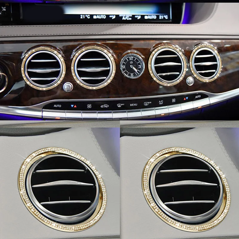 For Mercedes-Benz S Class W222 14-16 6x Silver Gold Crystal Style Center Front Air Outlet Ring Trim Cover Car Interior Supplies