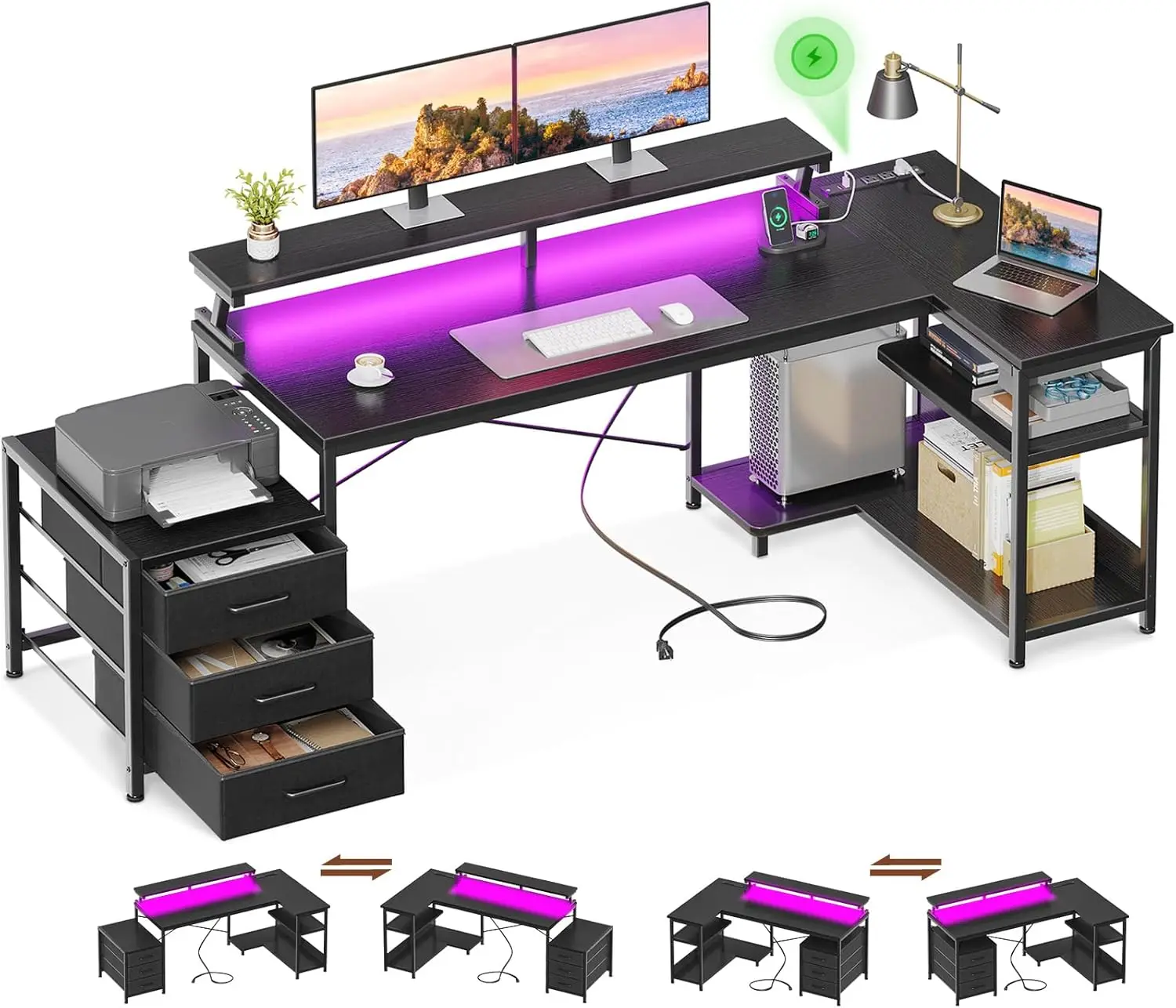 

AODK L-Shaped Desk with Fabric Drawers - Reversible Computer Desk with LED Strip and Power Strip, Corner Writing Desk