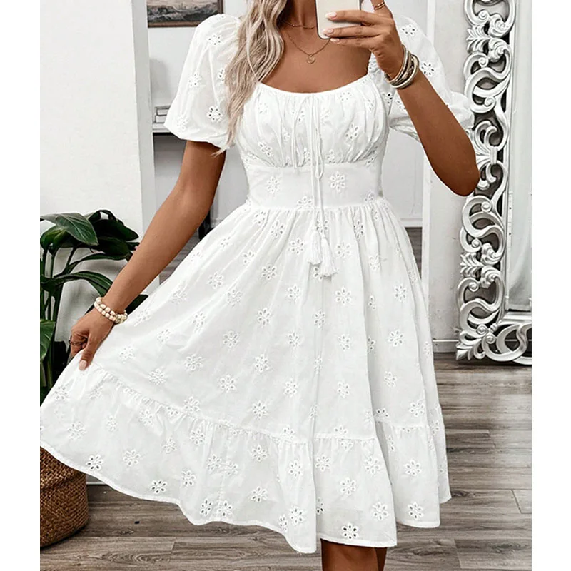 우아한 여성 여름 미니 드레스 섹시한 흰색 스퀘어 칼라 허리 Cinched Beach Sundress Boho Hollow Flower 반팔 드레스