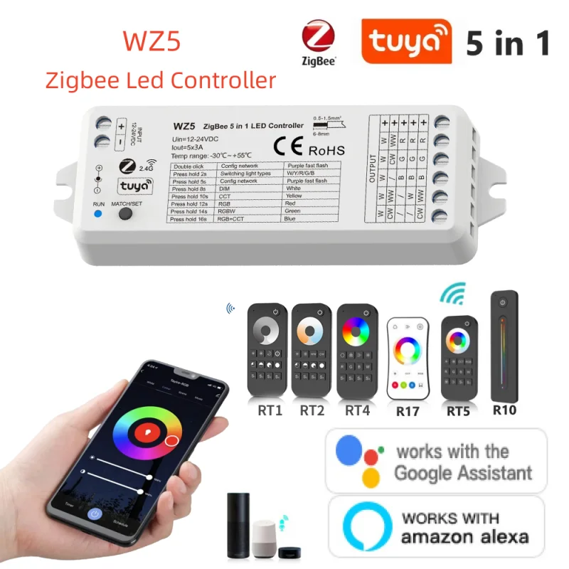 

Умный светодиодный контроллер Zigbee Tuya WZ5, 5 в 1, 12 В, 24 В постоянного тока, RGB, RGBW, RGBCW, RGBCCT, полоса, 2,4 г, Радиочастотный пульт дистанционного управления Google Plus, Голосовое управление