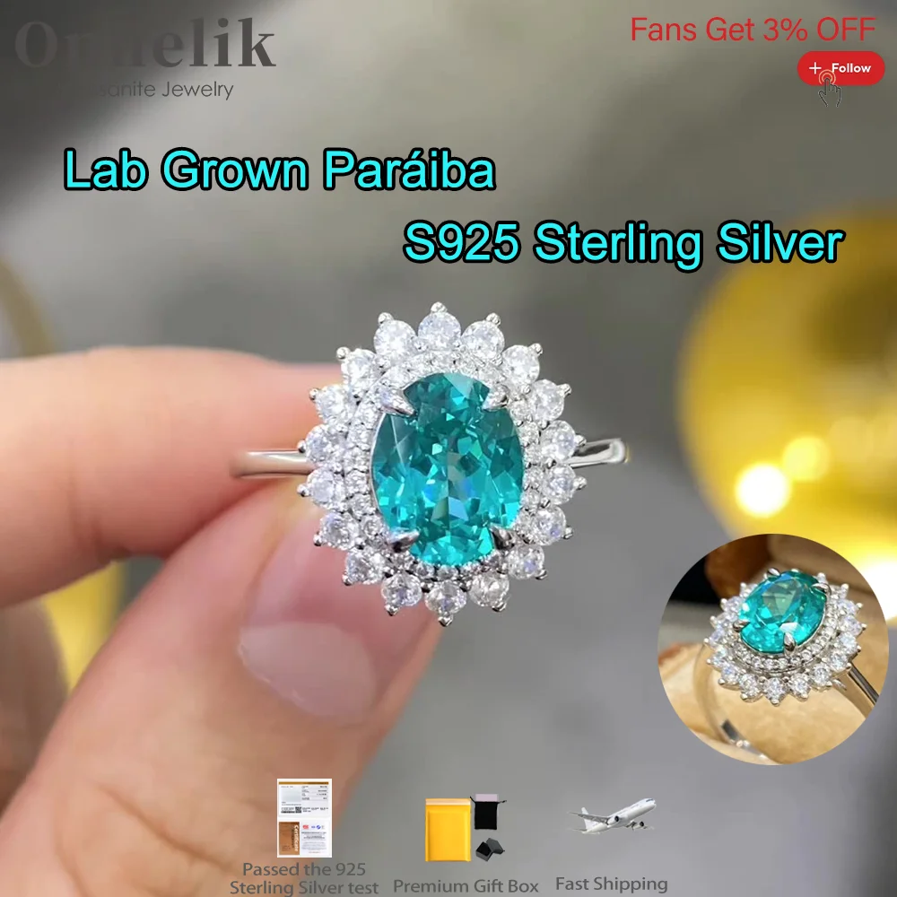 

Onnelik 4*8MM Oval Real Lab Grown Paráibá Diamond Sunflower Ring 925 Sterling Silver for Women Wedding Engagement Fine Jewelry