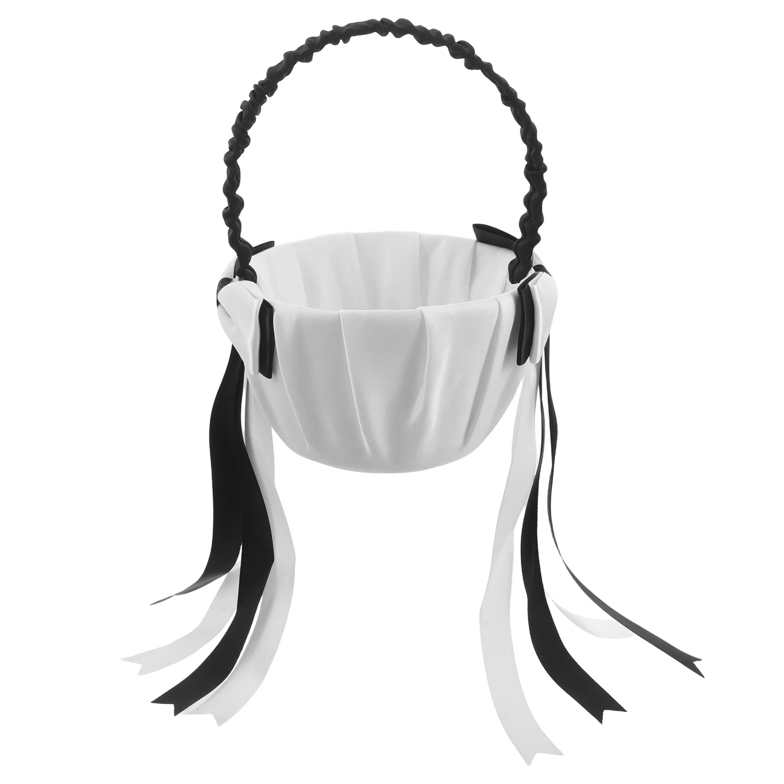 

Wedding Flower Girl Basket Black White Satin Bowknot Woven Flower Petal Basket for Wedding Party Supplies