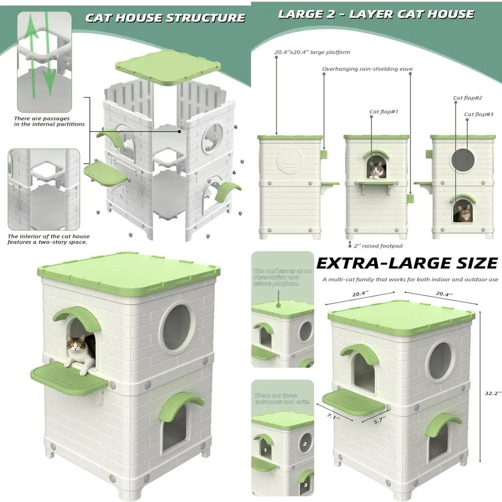 

2-Story Large Outdoor Cat House - Weatherproof & Waterproof Elevated Shelter for Feral Cats, Sturdy Plastic Design, Easy Assembl