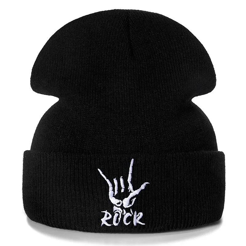 New LOVE ROCK Embroidery Casual Winter Hats For Men Women Warm Knitted Hat Solid Color Streetwear Beanie Hat Unisex Ski Hat