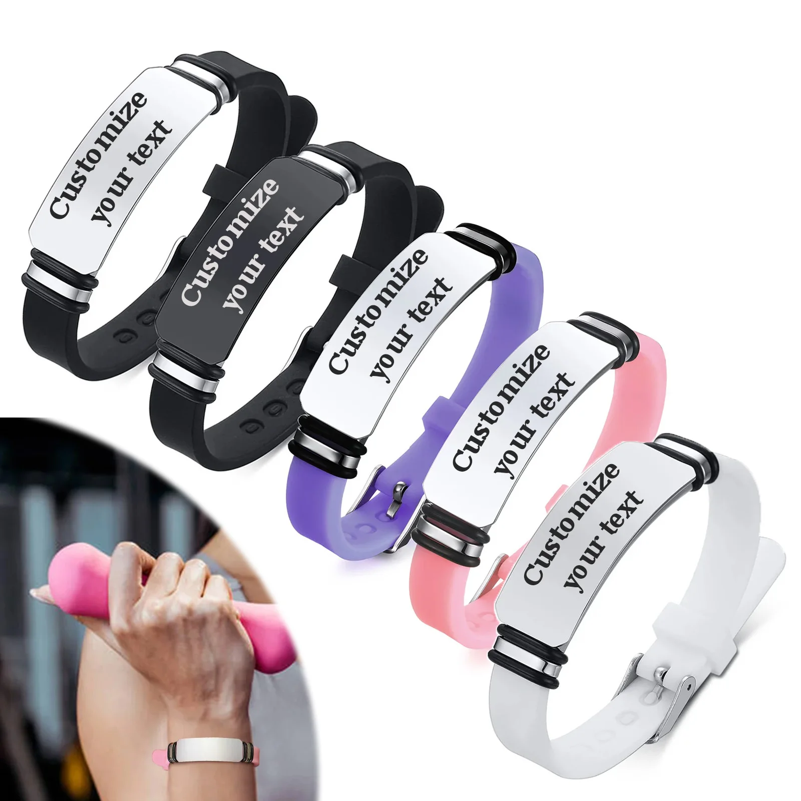 

Custom Text Bracelet Name Inscription Secure Soft Silicone Wristband Engrave Stainless Steel Bracelets for Women Jewelry Gift