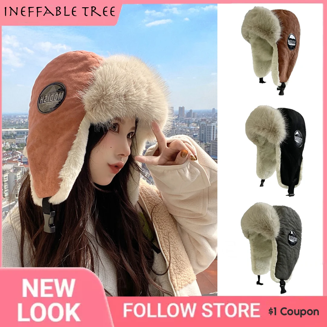 

Russia Winter Plush Fur Hats for Women Men Outdoor Windproof Super Thick Bomber Hats Soft Suede Caps Sombreros De Invierno Mujer