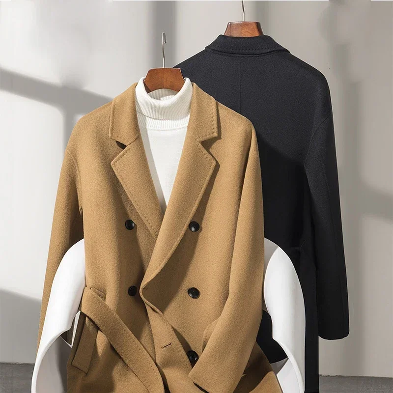 

Autumn and Winter Men's Mid Length Double Breasted Belt Coat Jacket