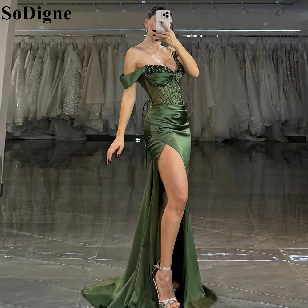 

SoDigne Elegant Olive Green Evening Dresses Mermaid High Split Off Shoulder Beading Draped Party Dress Sexy Prom Gown Customized