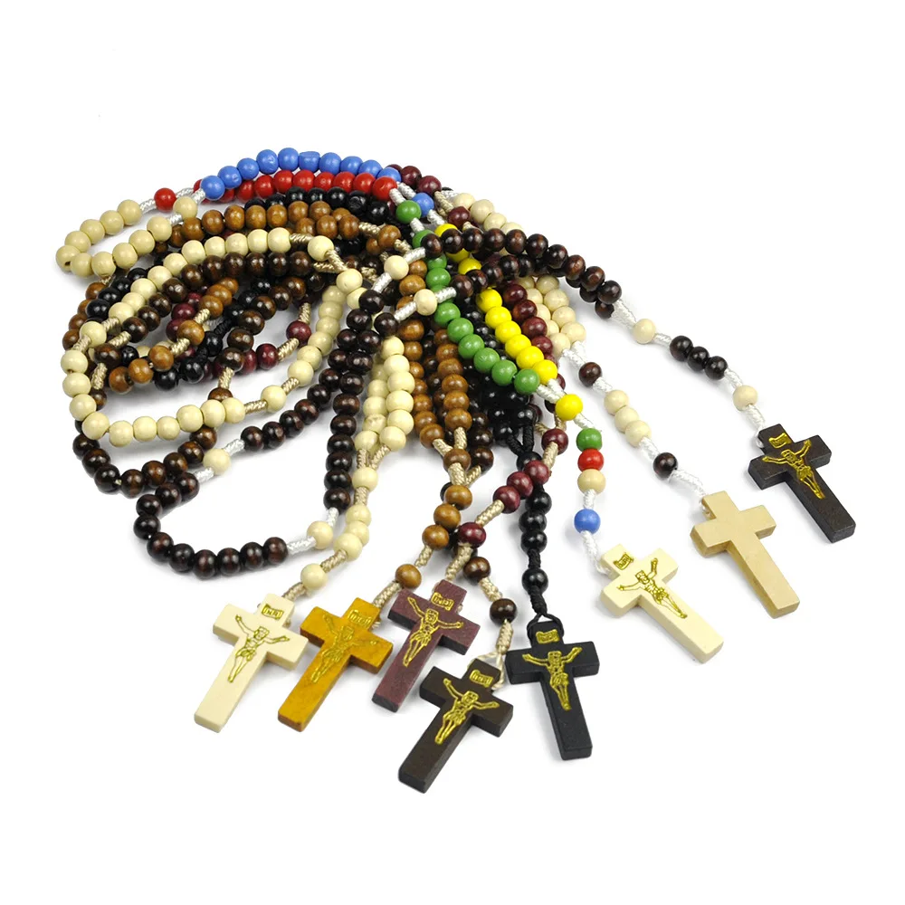 Bracelet croix religieux en bois pour femmes et hommes, perles de prière en bois, Crucifix, breloque, bijoux de fête à la mode, cadeau