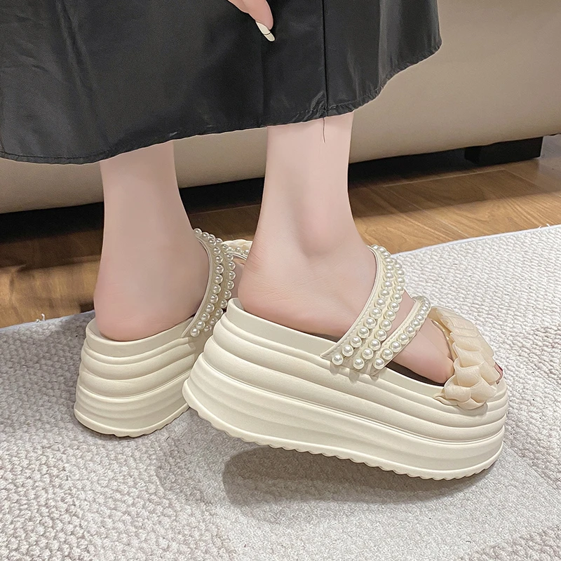 9CM Summer Casual High Platform Sandals Women Buckle Strap Slippers Thick Bottom Pearl Sandalias Woman Chunky Beach Shoes Mujer