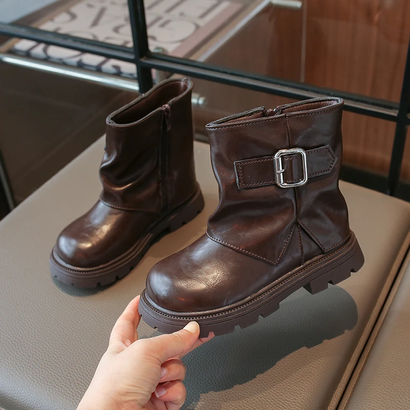 Kids Winter Platform Boots Vintage Solid Color Warm Girls Outdoor Ankle Boots School Daily Causal Children Cotton Boots Non-slip