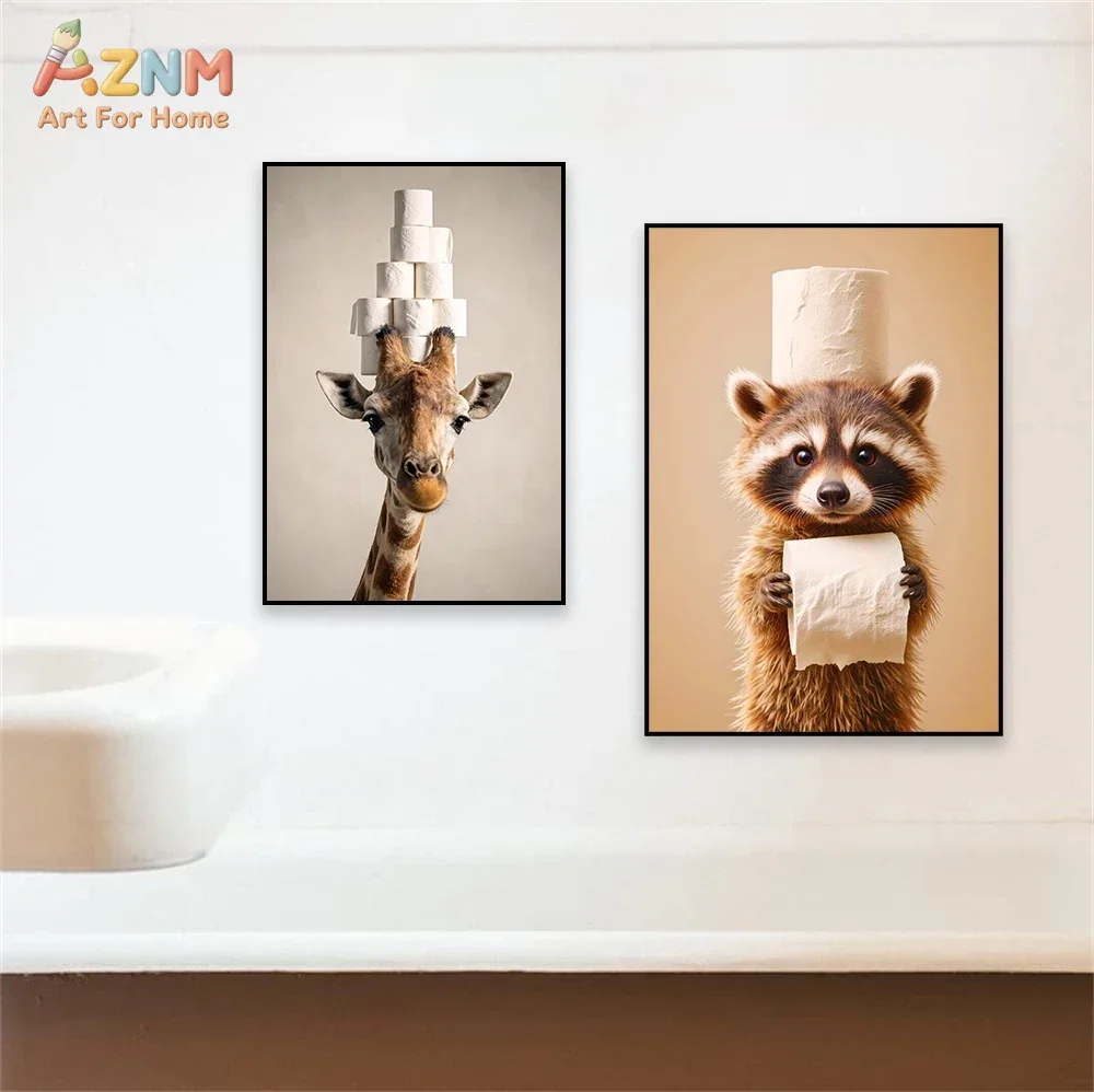 AZNM Funny Animal Toilet Paper Canvas Wall Art Giraffe Raccoon Goat Humor Bathroom Decor Cute Wildlife Portrait Neutral Tone Res