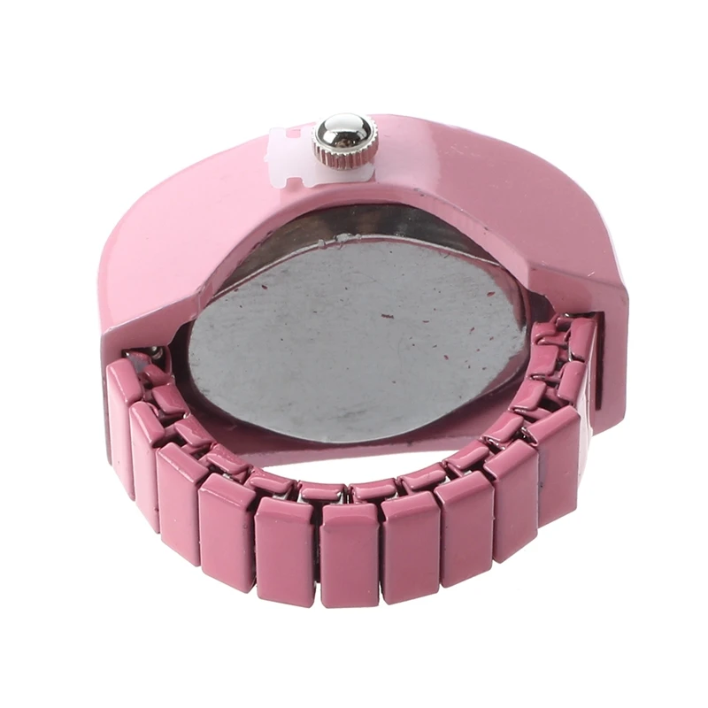 Women Pink Alloy Quartz Pocket Finger Ring Watch Rhinestone Round Dial