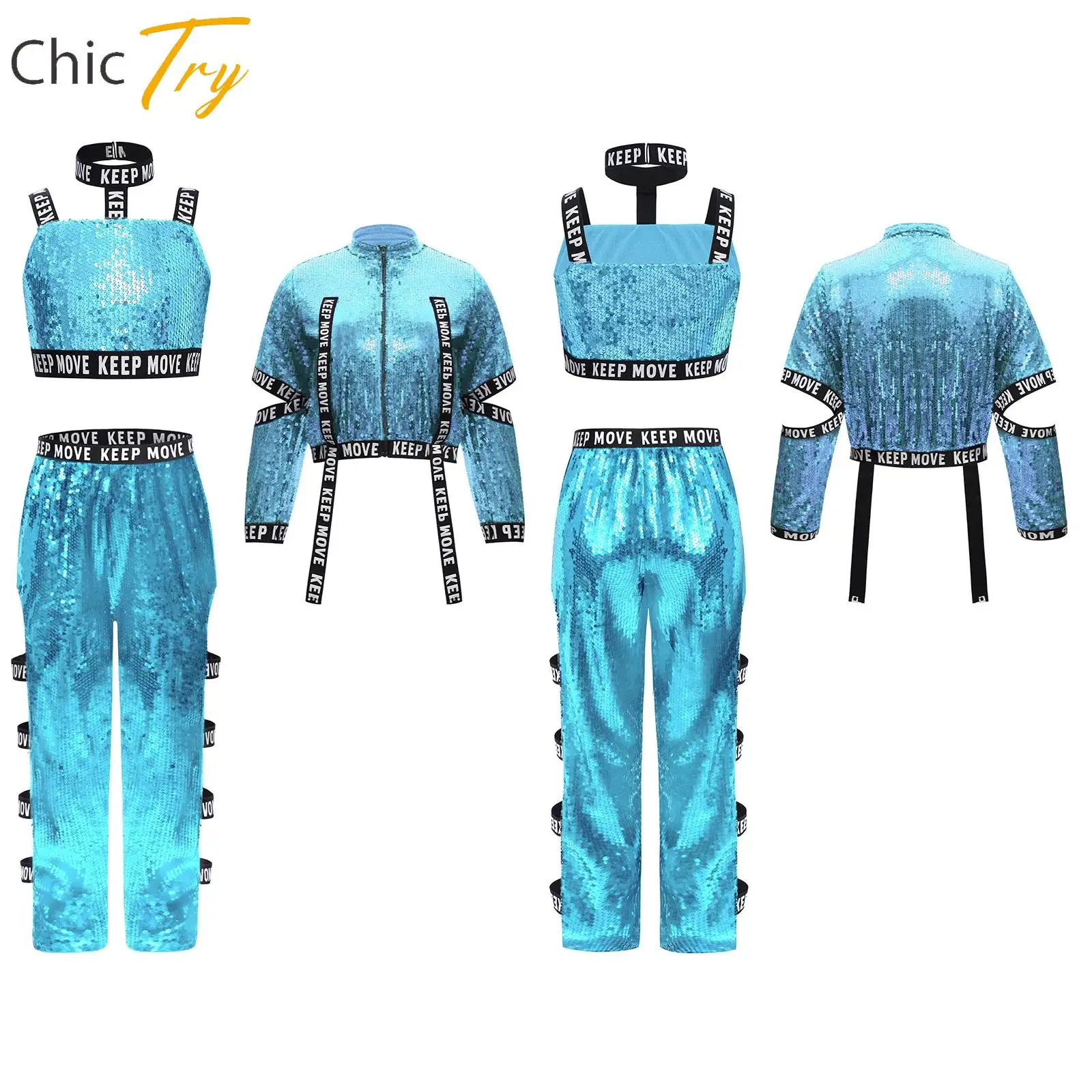 

Kids Girls Hip-Hop Jazz Dance Outfit Sequin Vest+Long Sleeves Jacket+Cutout Pants 3-piece Set for School Show Performance Party