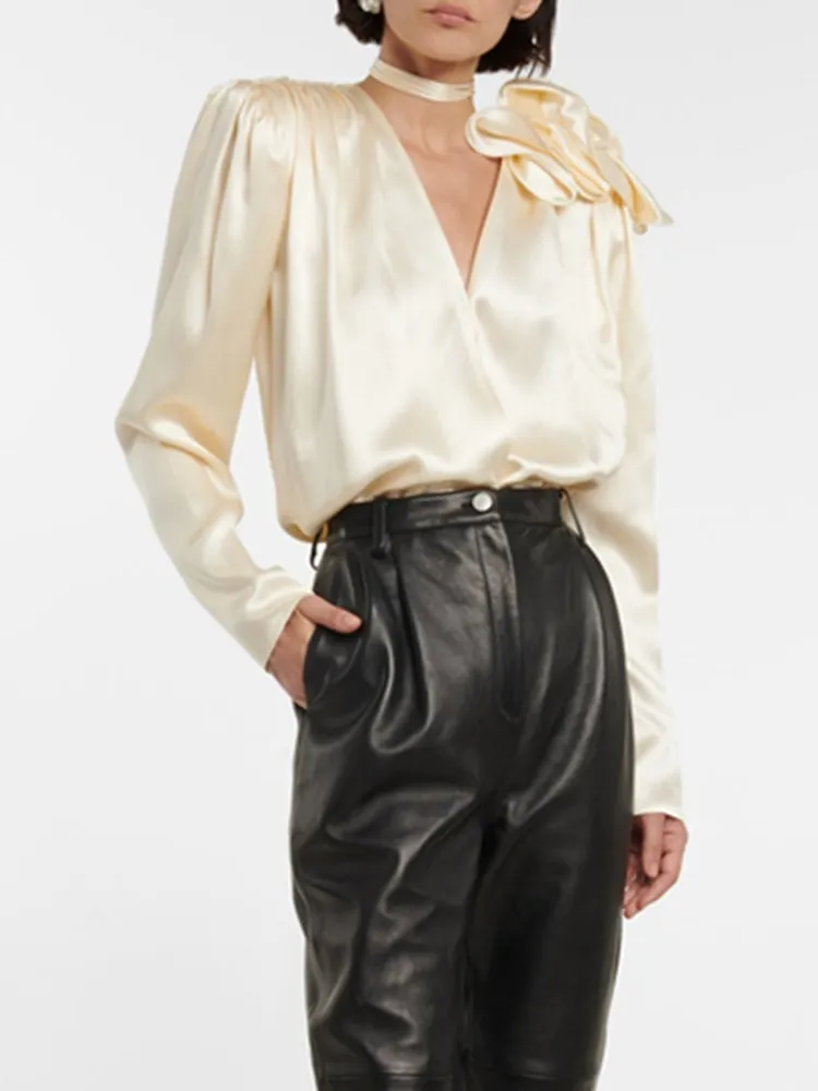 KBQ Spliced Appliques Satin Shirts For Women V Neck Long Sleeve Patchwork Lace Up Loose Solid Elegant Blouse Female Spring New