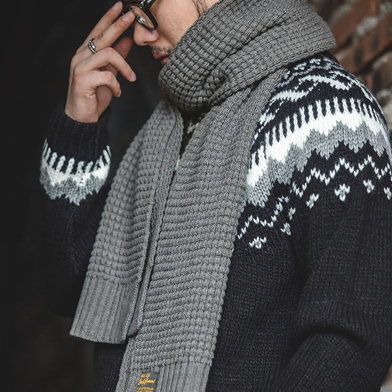 Maden Men's Retro Warm Waffle Knitted Winter Scarf 16.5% Wool Shawl Wrap Cashmere Solid Color Long Scarves for Autumn and Winter