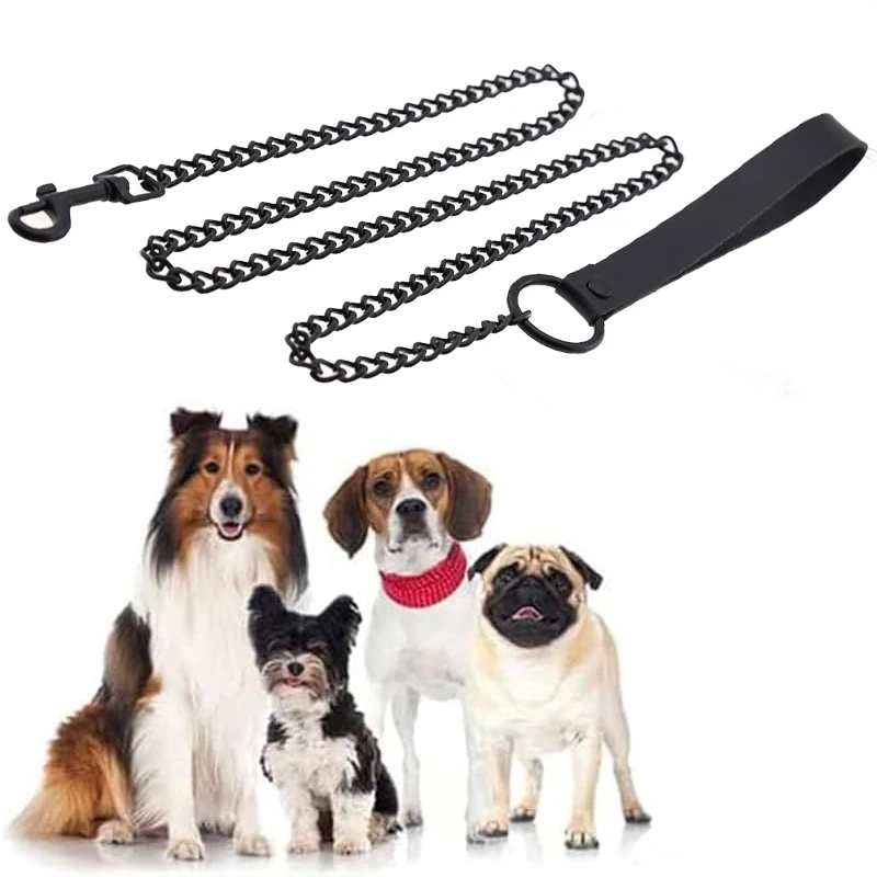 Leather Handle Chain Dog Durable Metal Chew Proof Dog Training Leash 115cm Heavy Duty Anti-bite Dog Giant Chain Leash with 5