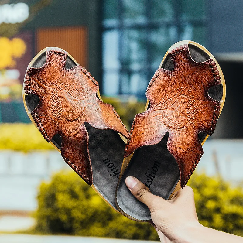 Hot selling new high quality leather non-slip slippers for men beach sandals comfortable summer shoes classic men's slippers