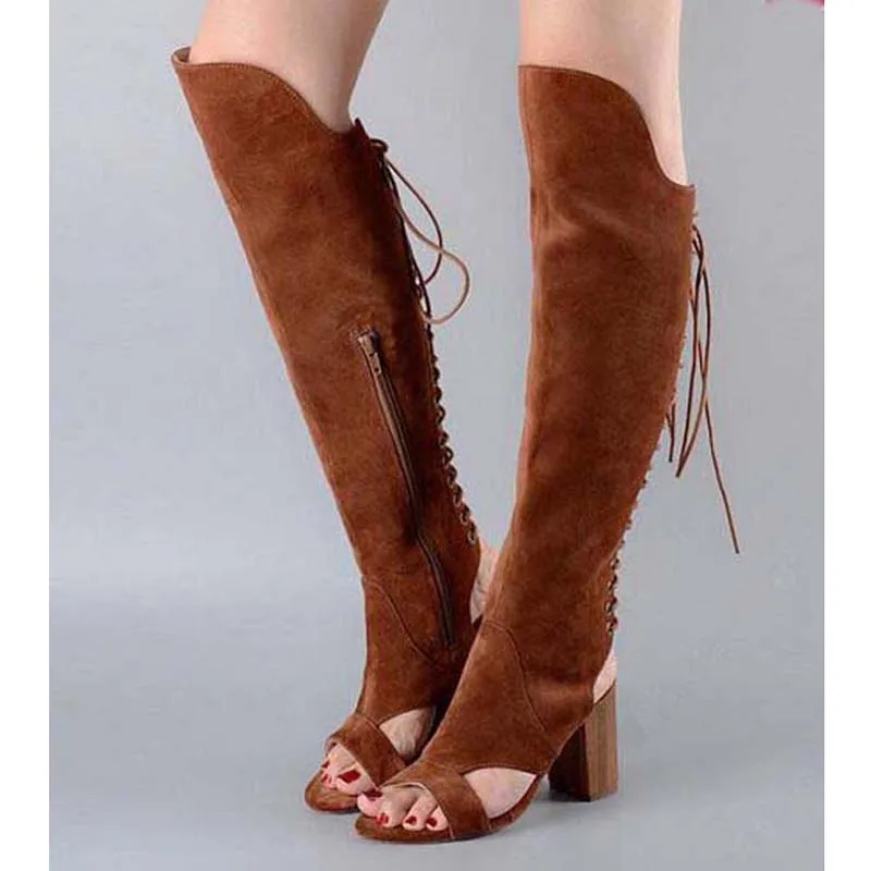 Fashion Women Slingback Chunky Heels Knee High Boots Woman Camel Black Suede Peep Toe Back Eyelet Lace Up Thin Heels Boots