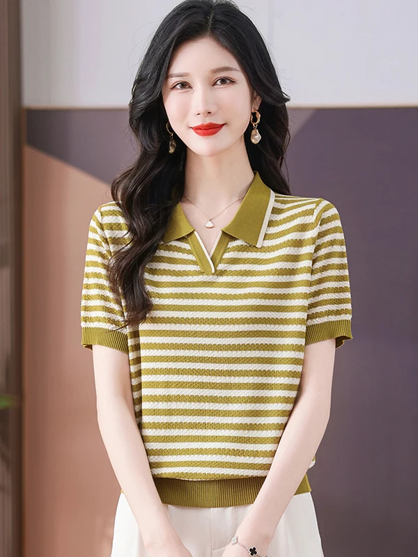 Camisa de Malha de Manga Curta Estilo Casual TUCANO para Mulheres, Nova Coleção de Verão, Ajuste Slim, Top Casual com Gola Fi...