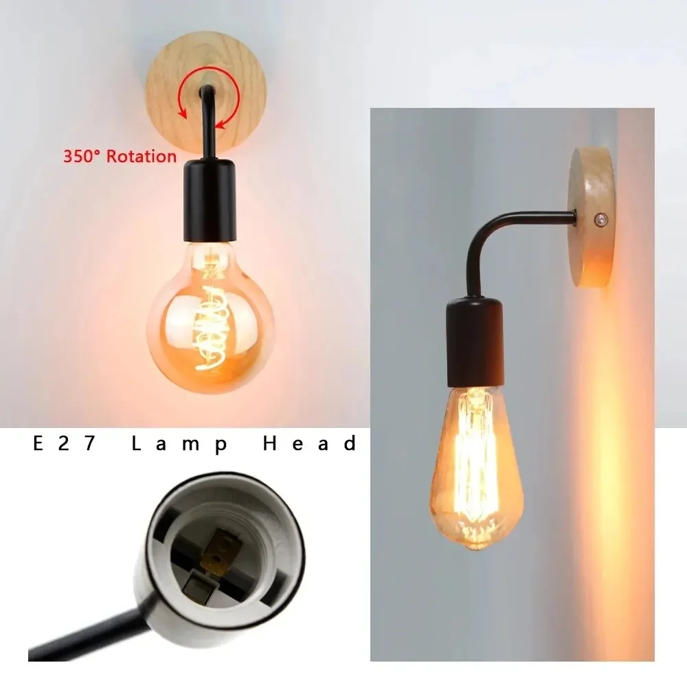 Wood Wall Lamp Vintage Wall Sconce E27 Lighting Fixture Bedside Retro Vintage Lamp Industrial Decor Dining Room Bedroom Light