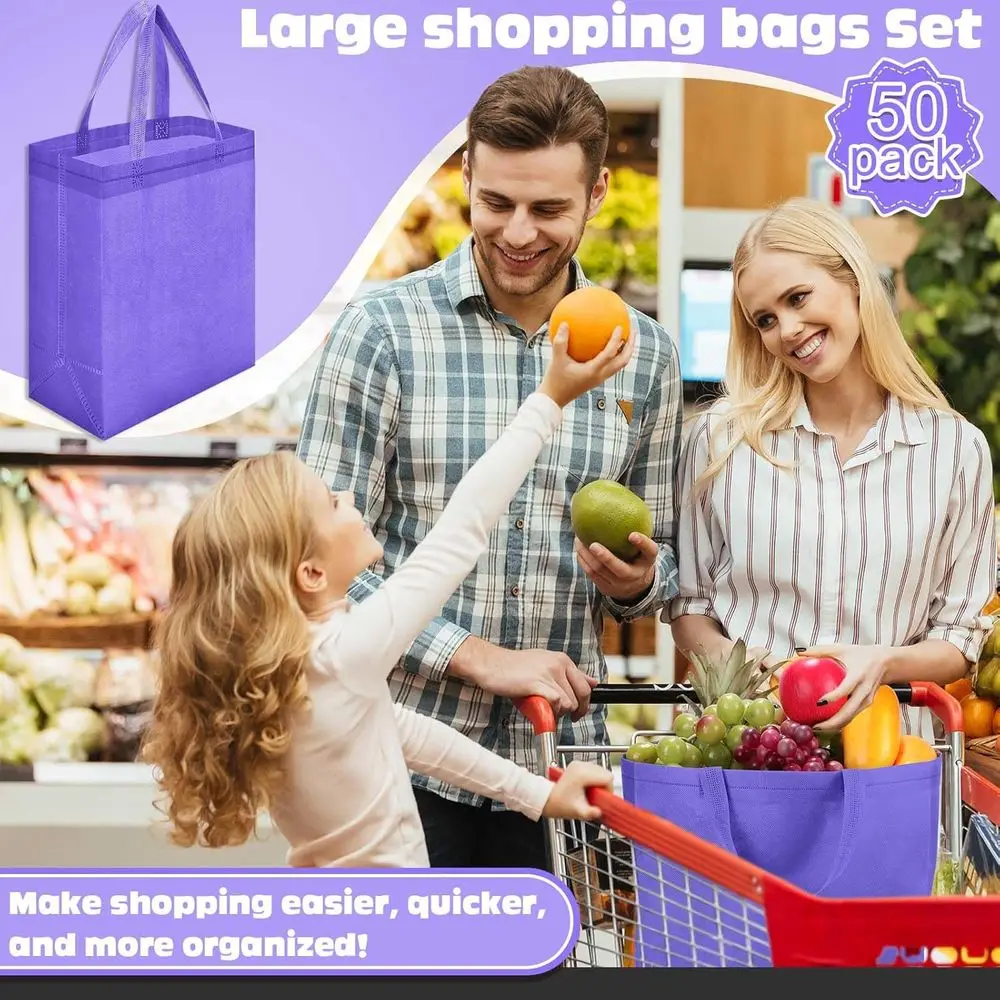 أكياس حمل أرجوانية قابلة لإعادة الاستخدام مكونة من 200 قطعة، مقاس 8 × 4 × 10 بوصة، أكياس تسوق غير منسوجة بمقابض، مثالية لتسوق البقالة في عيد الميلاد