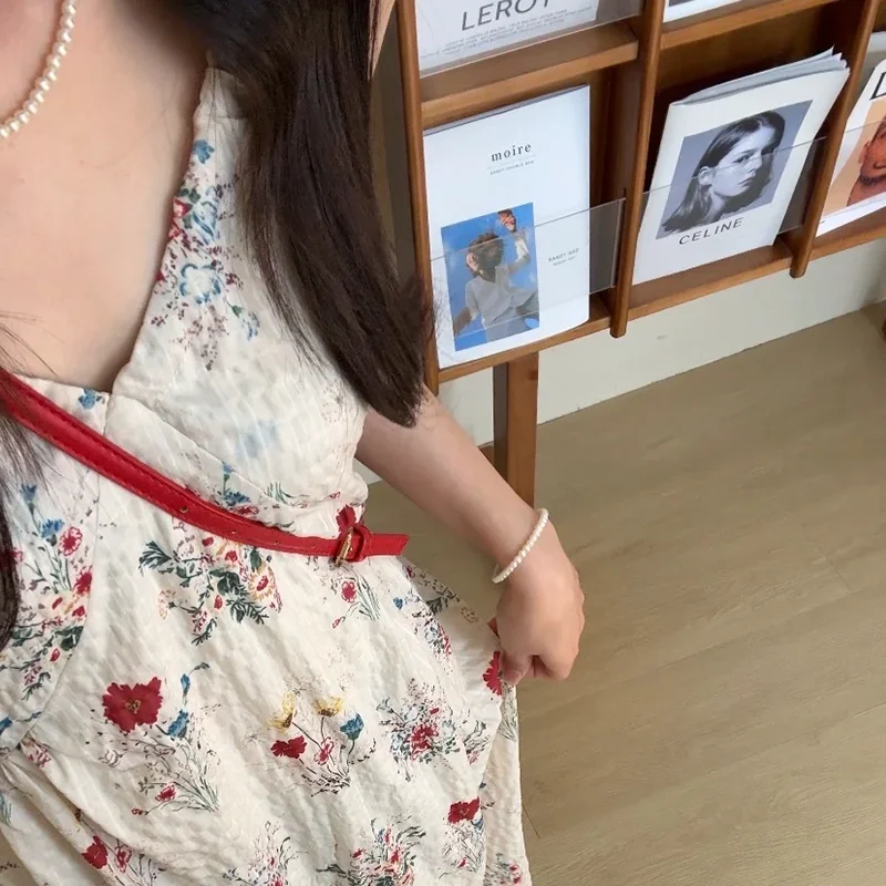 Abito con camicette stampato Harajuku Abito da donna vintage moda senza maniche con scollo a V Vacanza estiva Festa coreana Una linea di abiti lunghi