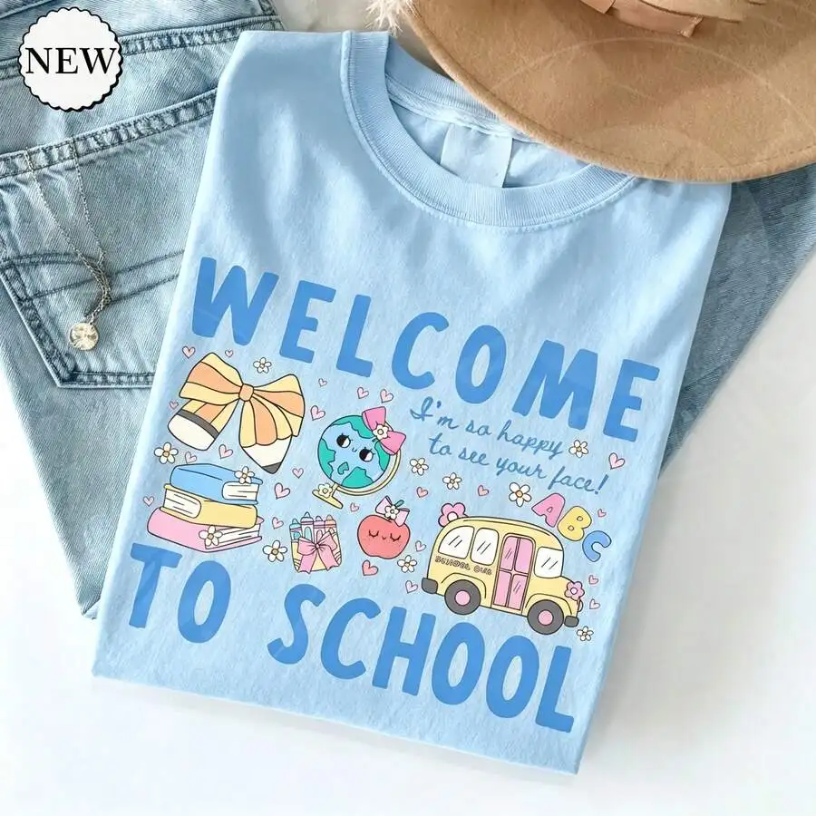 Women's Crew Neck Short Sleeve Casual T‑Shirt Retro Welcome To School Pastel Cute Bus Globe Apple for Elementary Teacher Preppy Back To School Student Graphic Print Tee Top